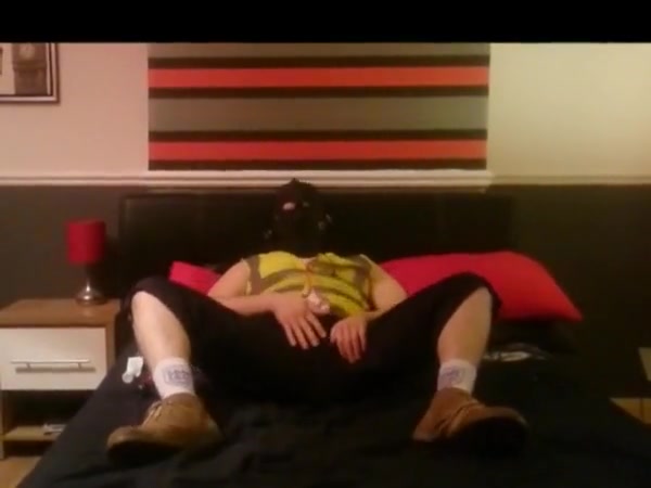 Chub slut in leather hood wanking   fucking with dildo