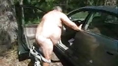 Chubby daddy stripping outside his car