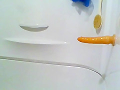 Fat guy with little dick fucks a dildo